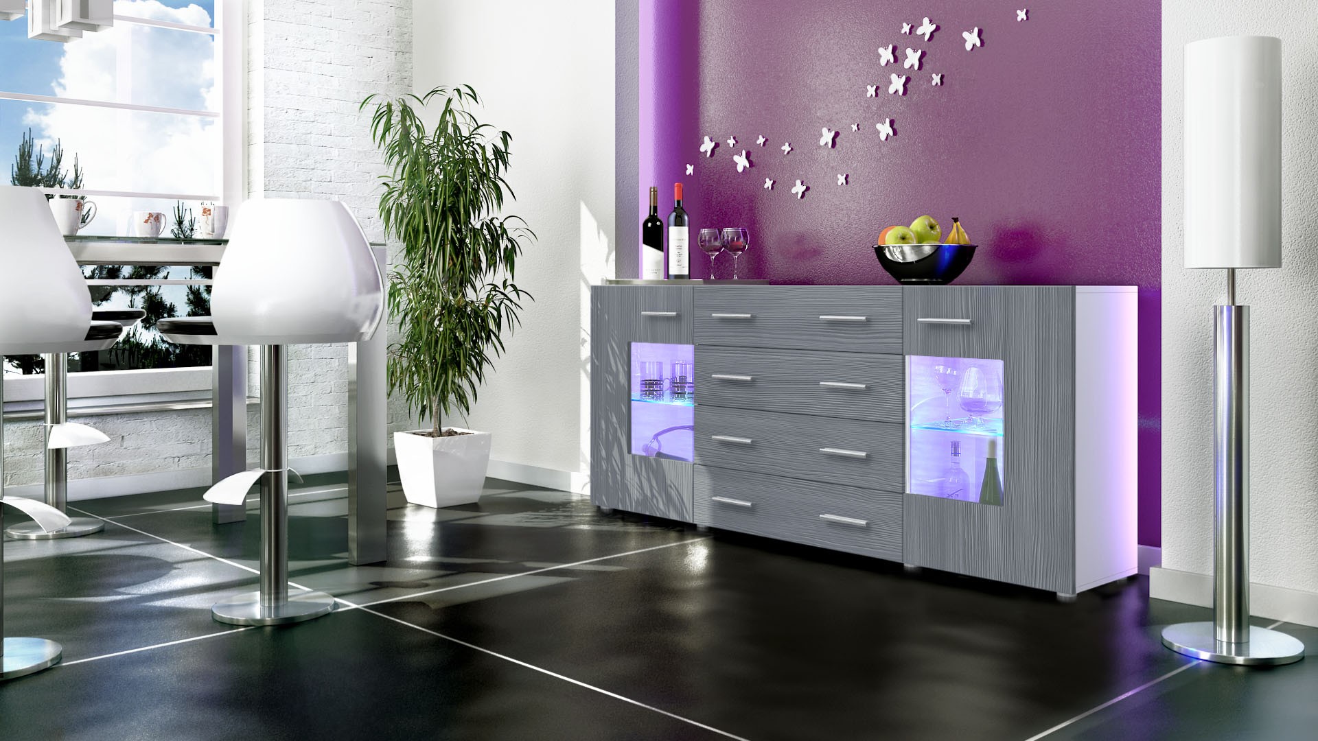 Buffet design blanc 166 cm avec rangements
