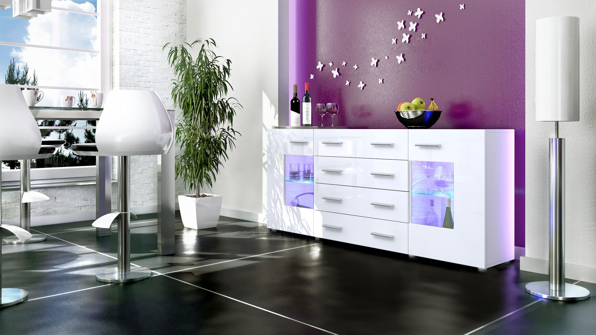 Buffet design blanc 166 cm avec rangements