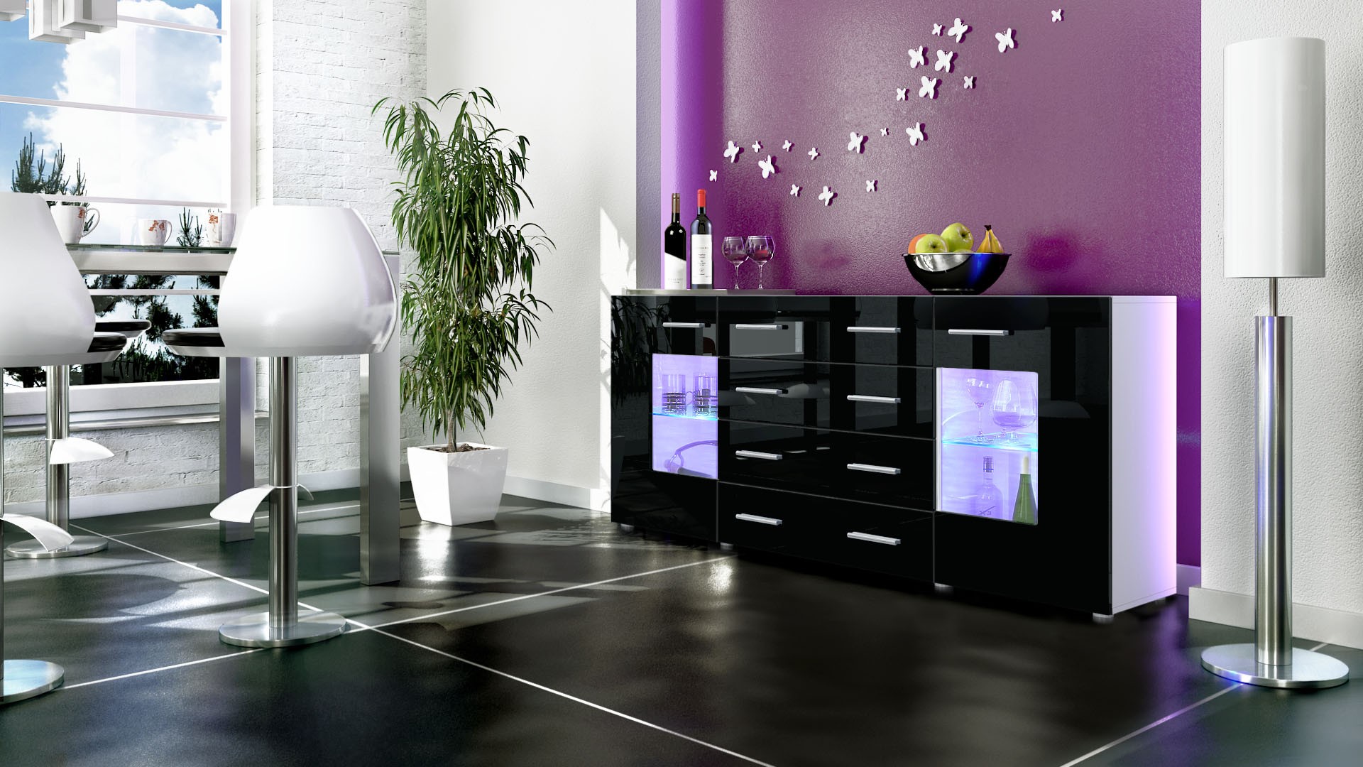 Buffet design blanc 166 cm avec rangements