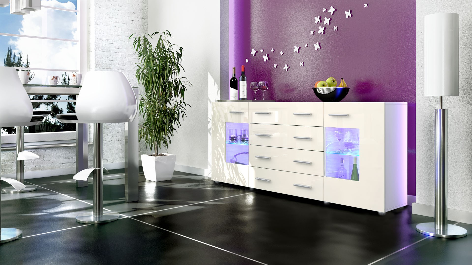 Buffet design blanc 166 cm avec rangements