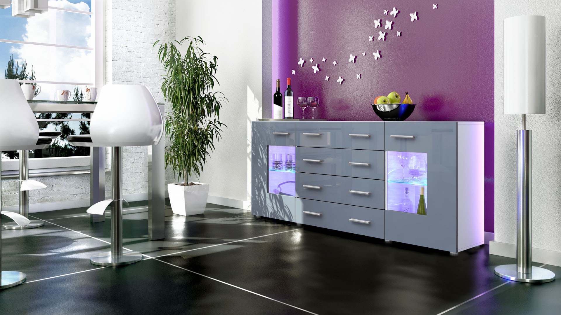 Buffet design blanc 166 cm avec rangements