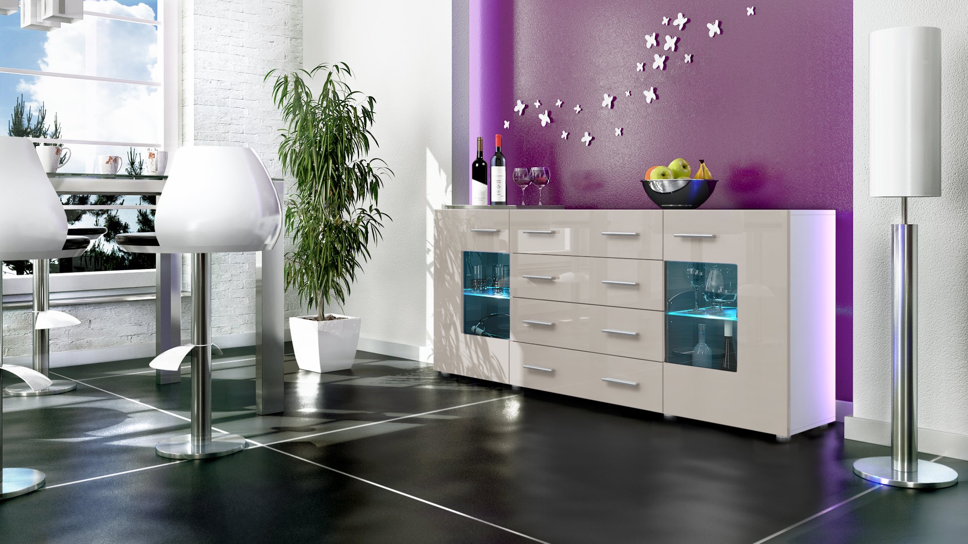 Buffet design blanc 166 cm avec rangements