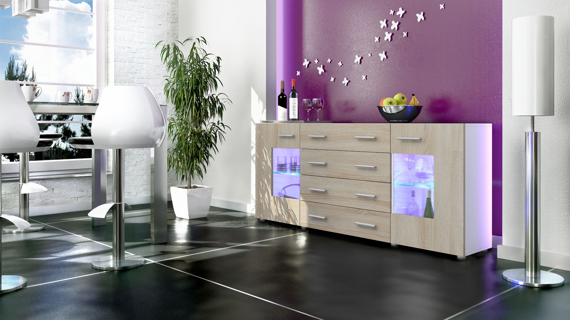 Buffet design blanc 166 cm avec rangements