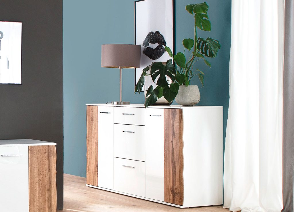 Buffet design blanc et bois 2 portes et 3 tiroirs