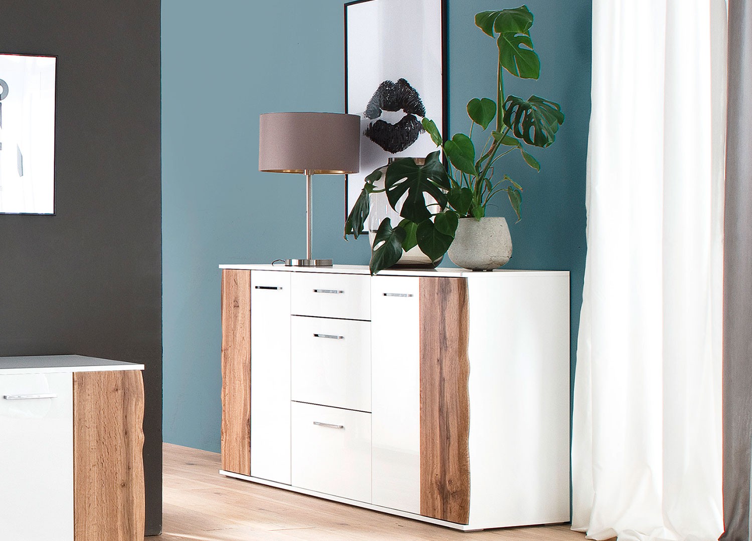 Buffet design blanc et bois 2 portes et 3 tiroirs