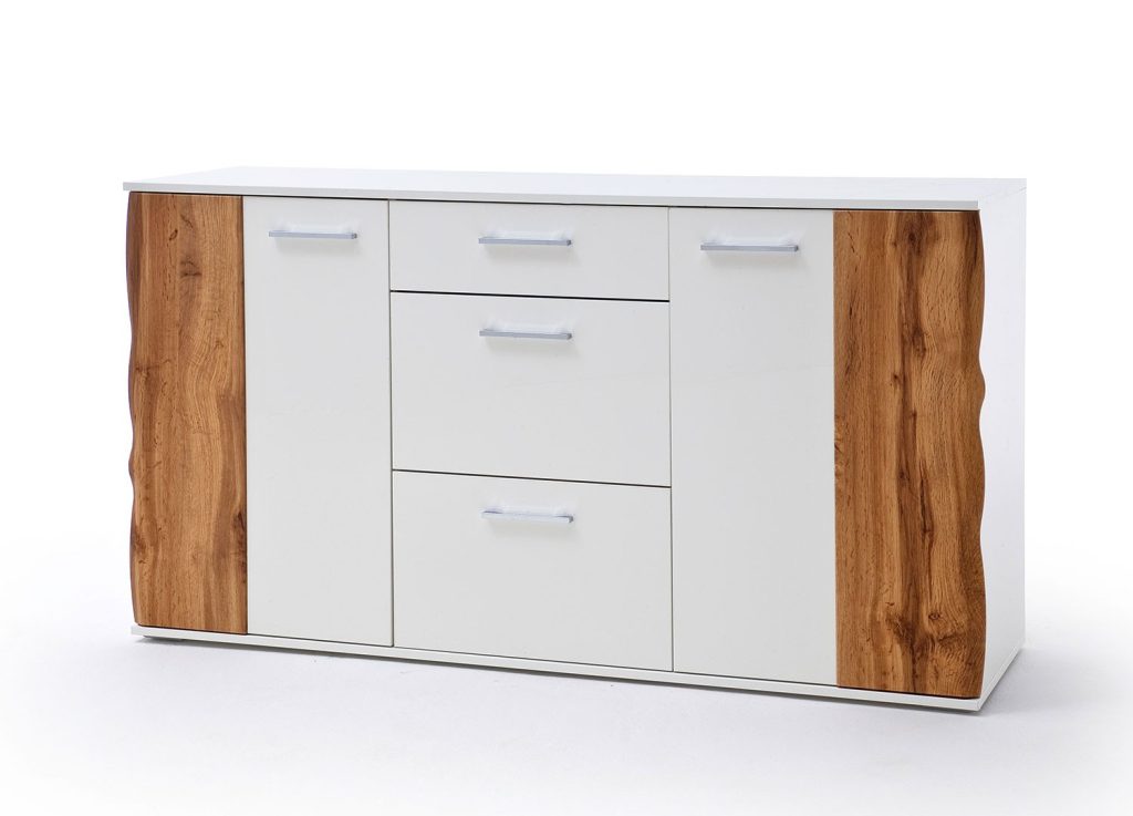 Buffet design blanc et bois 2 portes et 3 tiroirs