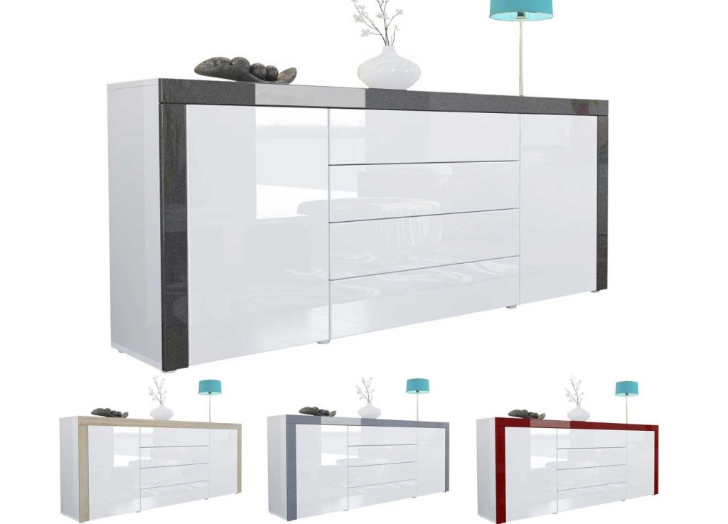 Buffet design blanc laqué 167 cm - 2 portes - 4 tiroirs
