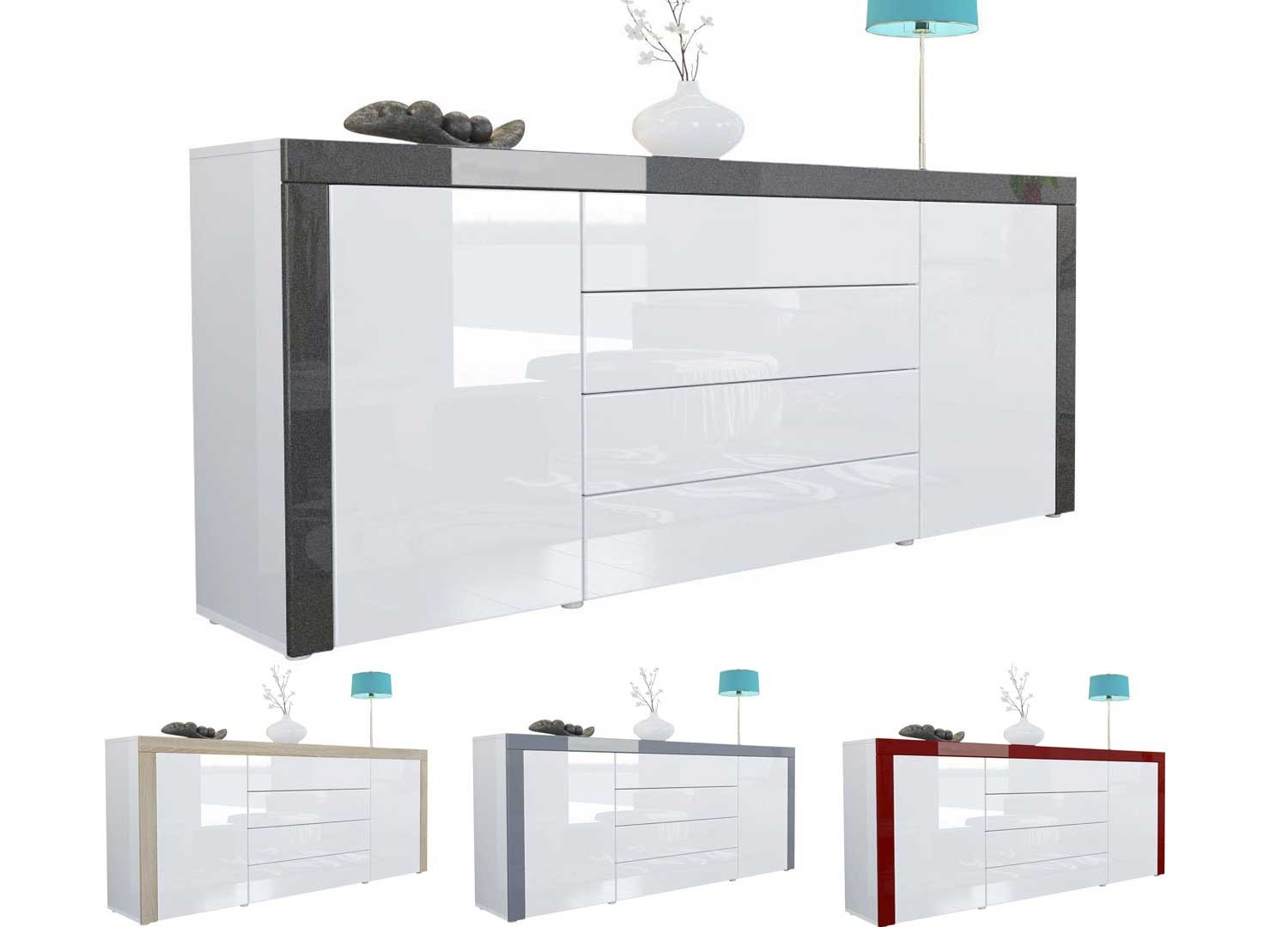 Buffet design blanc laqué 167 cm - 2 portes - 4 tiroirs