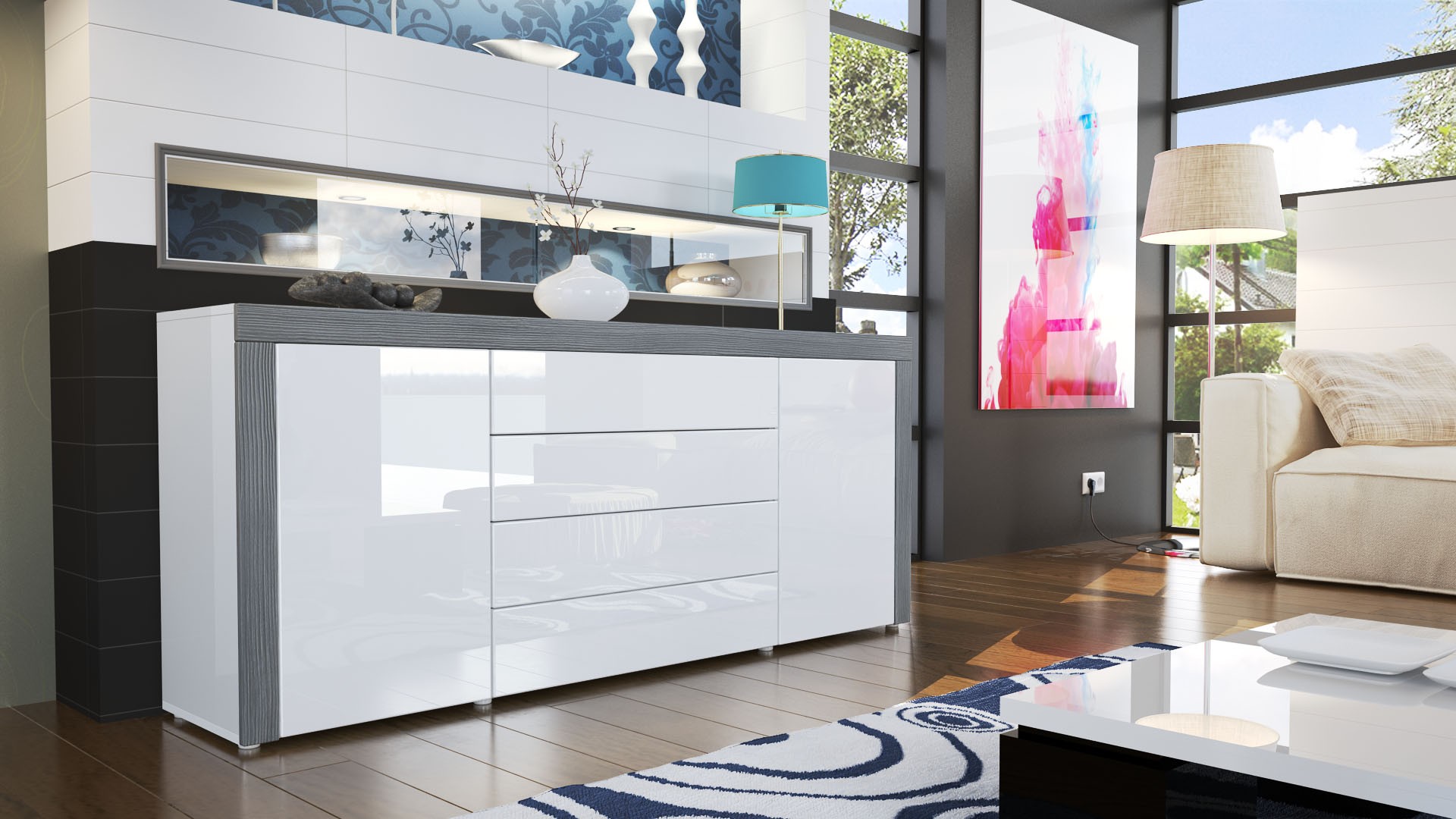 Buffet design blanc laqué 167 cm - 2 portes - 4 tiroirs