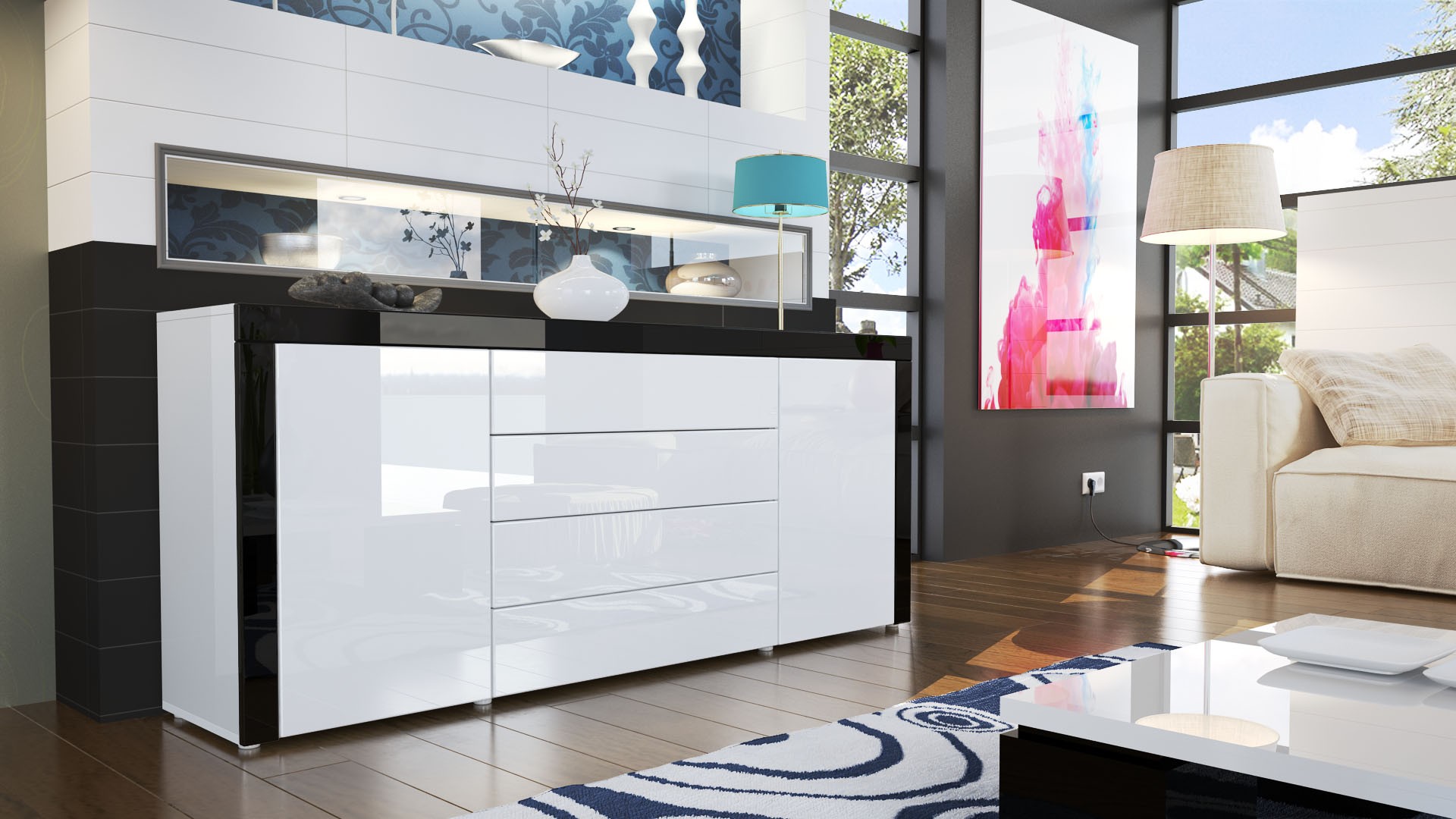 Buffet design blanc laqué 167 cm - 2 portes - 4 tiroirs