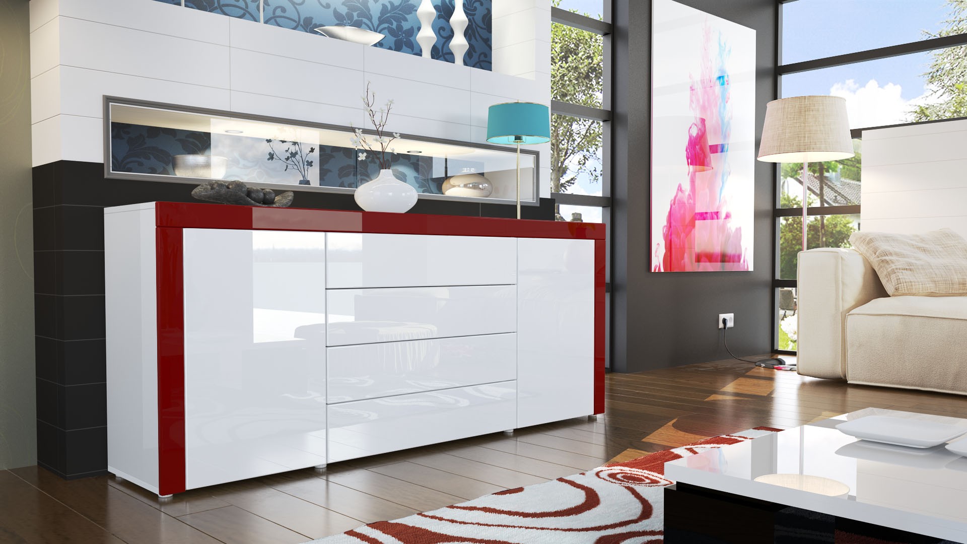 Buffet design blanc laqué 167 cm - 2 portes - 4 tiroirs