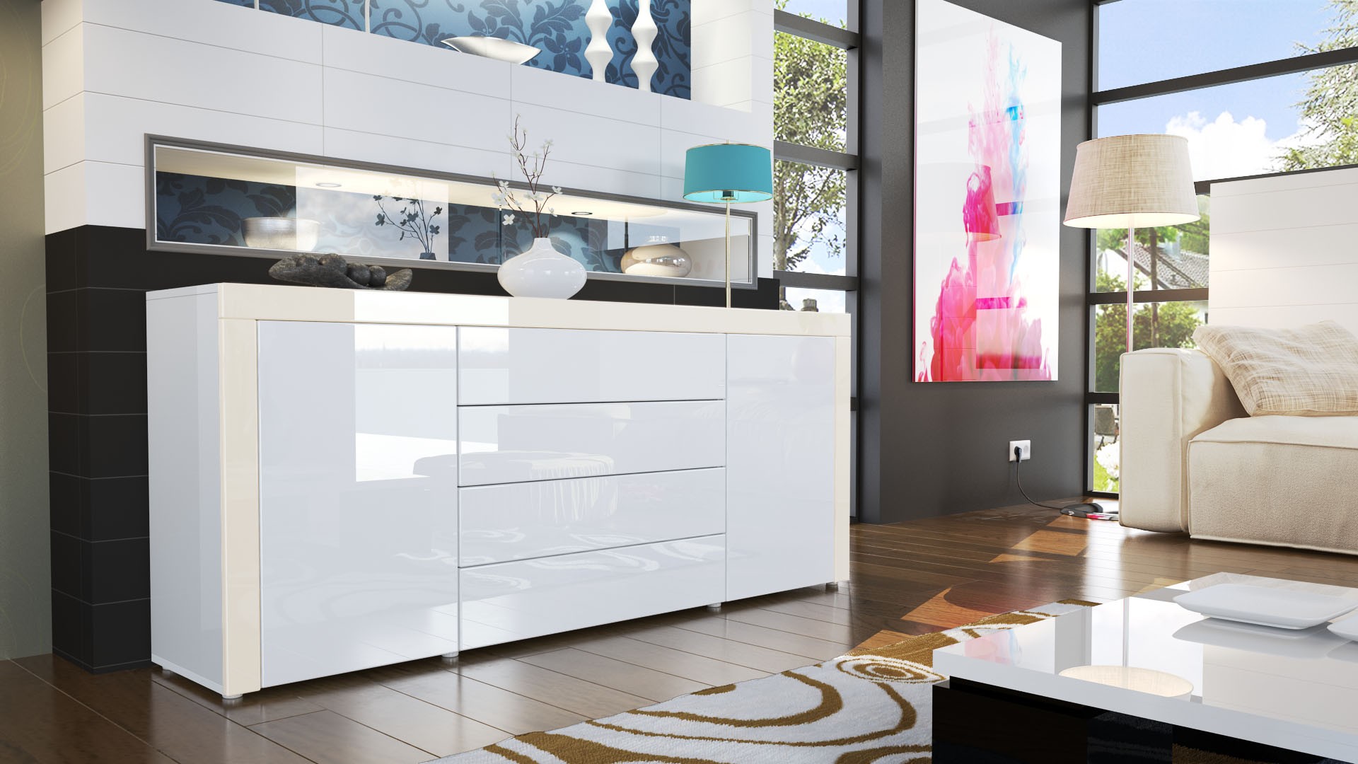 Buffet design blanc laqué 167 cm - 2 portes - 4 tiroirs