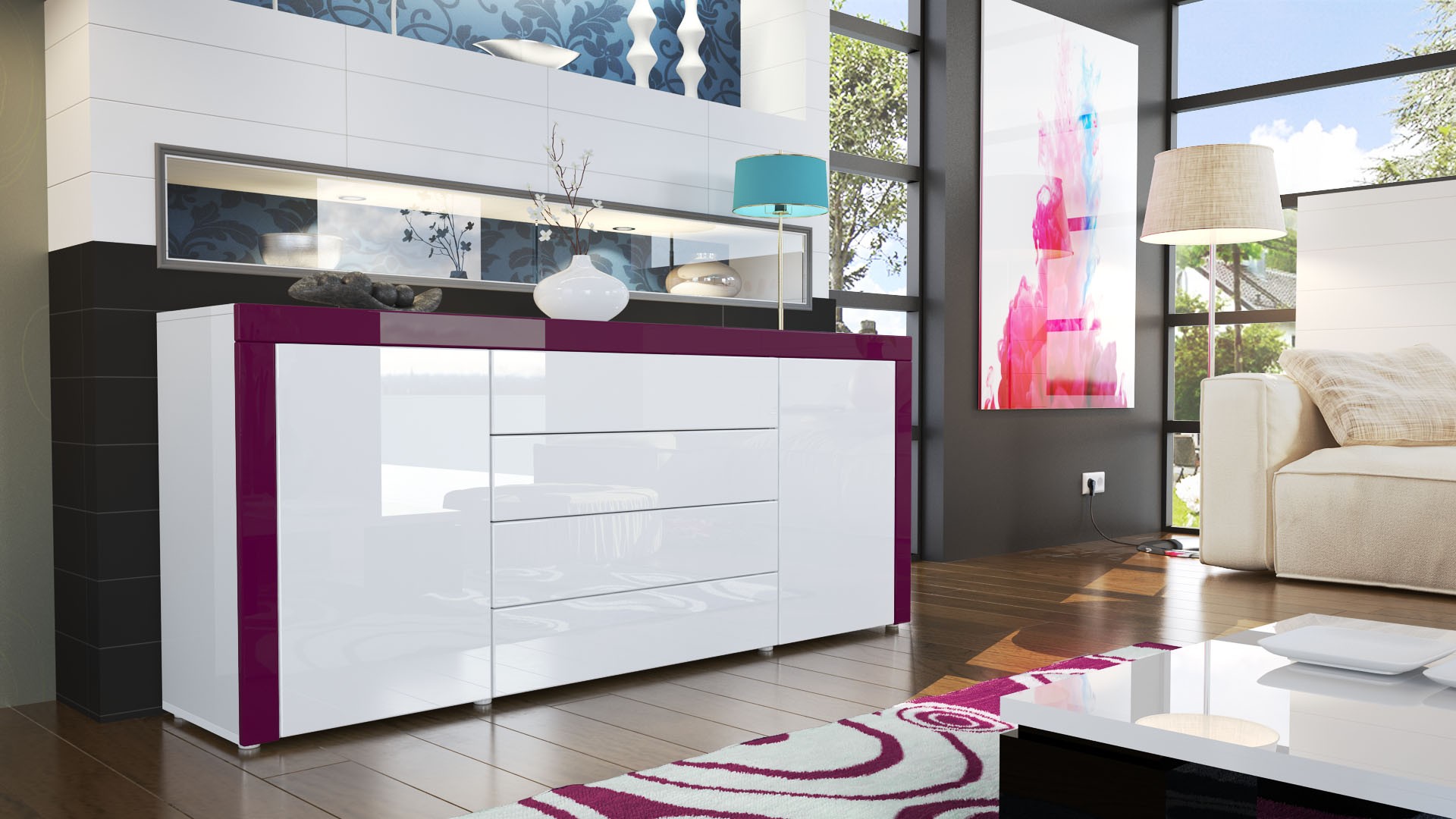 Buffet design blanc laqué 167 cm - 2 portes - 4 tiroirs