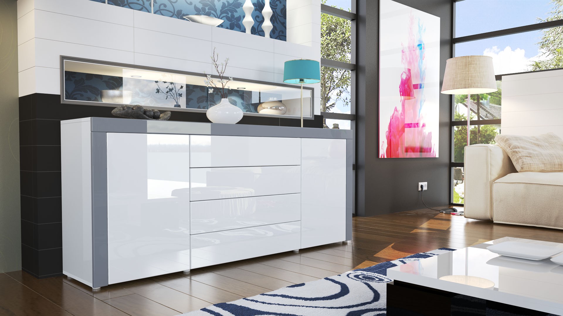 Buffet design blanc laqué 167 cm - 2 portes - 4 tiroirs