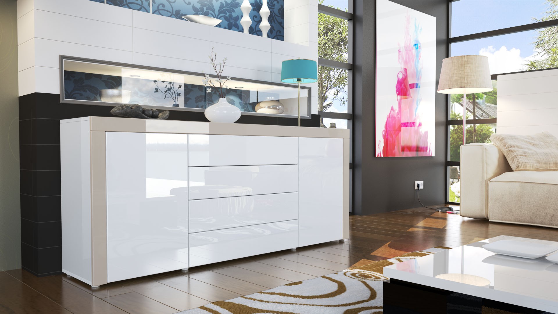 Buffet design blanc laqué 167 cm - 2 portes - 4 tiroirs