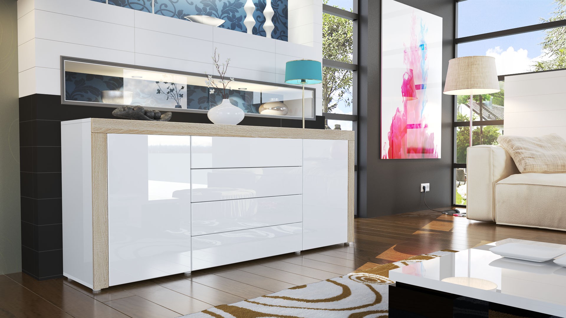 Buffet design blanc laqué 167 cm - 2 portes - 4 tiroirs