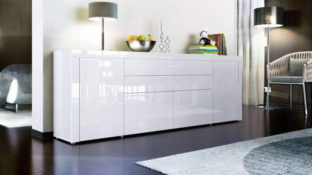 Buffet design blanc laqué 200 cm - 4 portes - 2 tiroirs