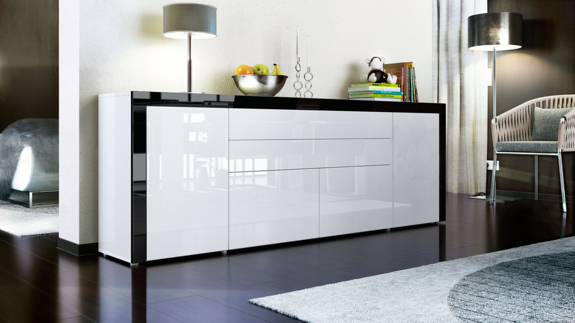 Buffet design blanc laqué 200 cm - 4 portes - 2 tiroirs