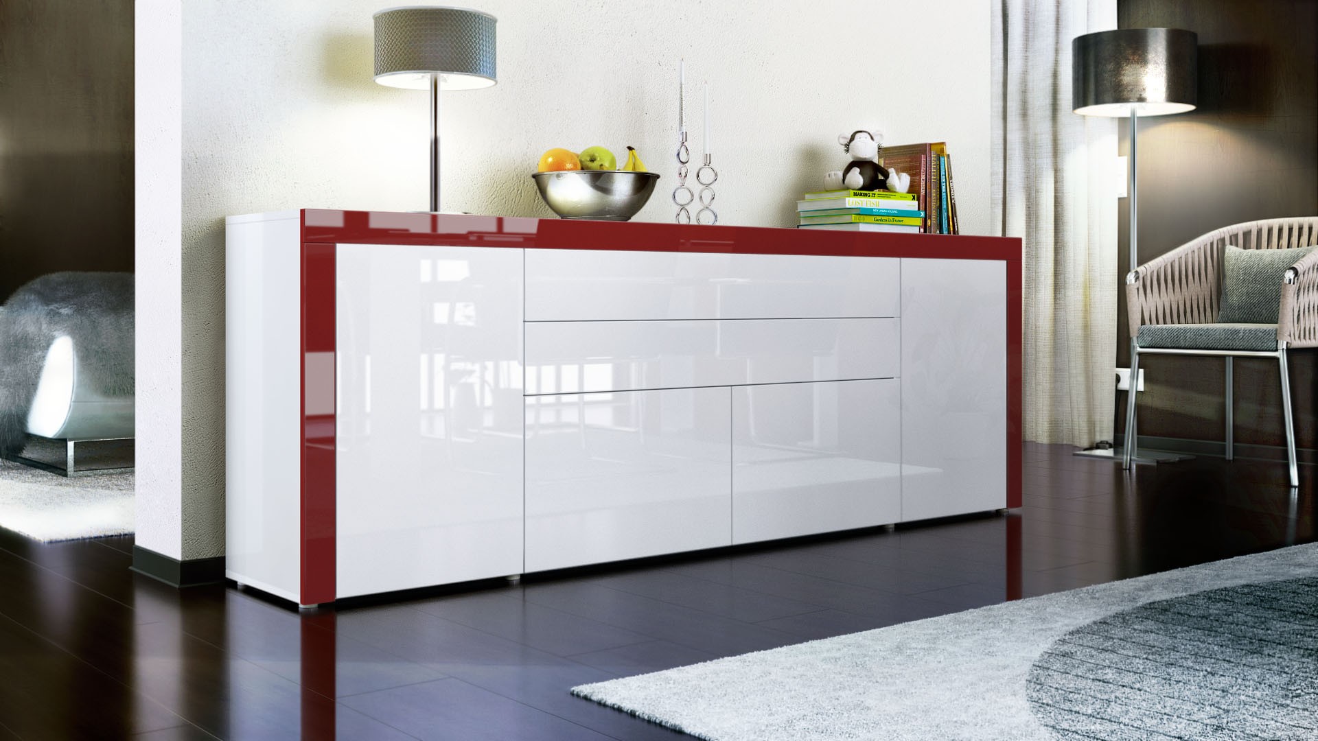Buffet design blanc laqué 200 cm - 4 portes - 2 tiroirs