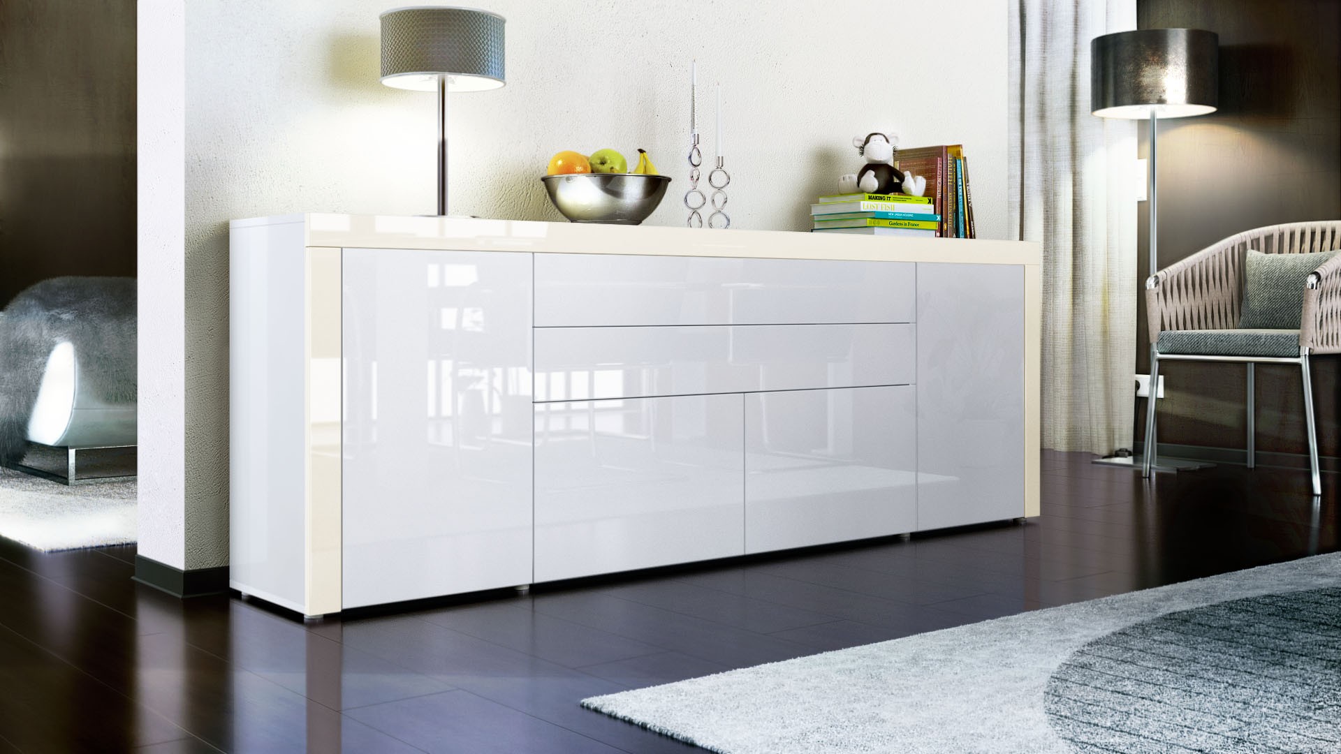 Buffet design blanc laqué 200 cm - 4 portes - 2 tiroirs