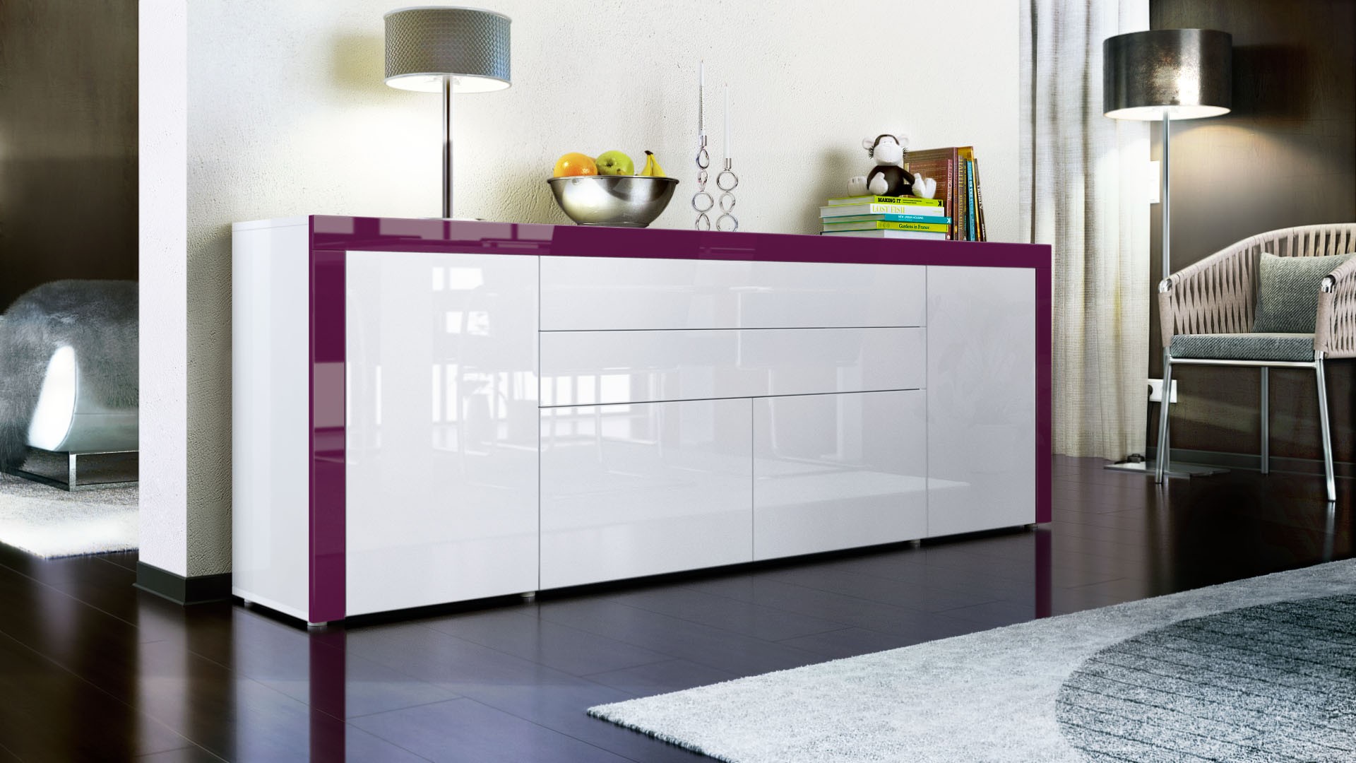 Buffet design blanc laqué 200 cm - 4 portes - 2 tiroirs