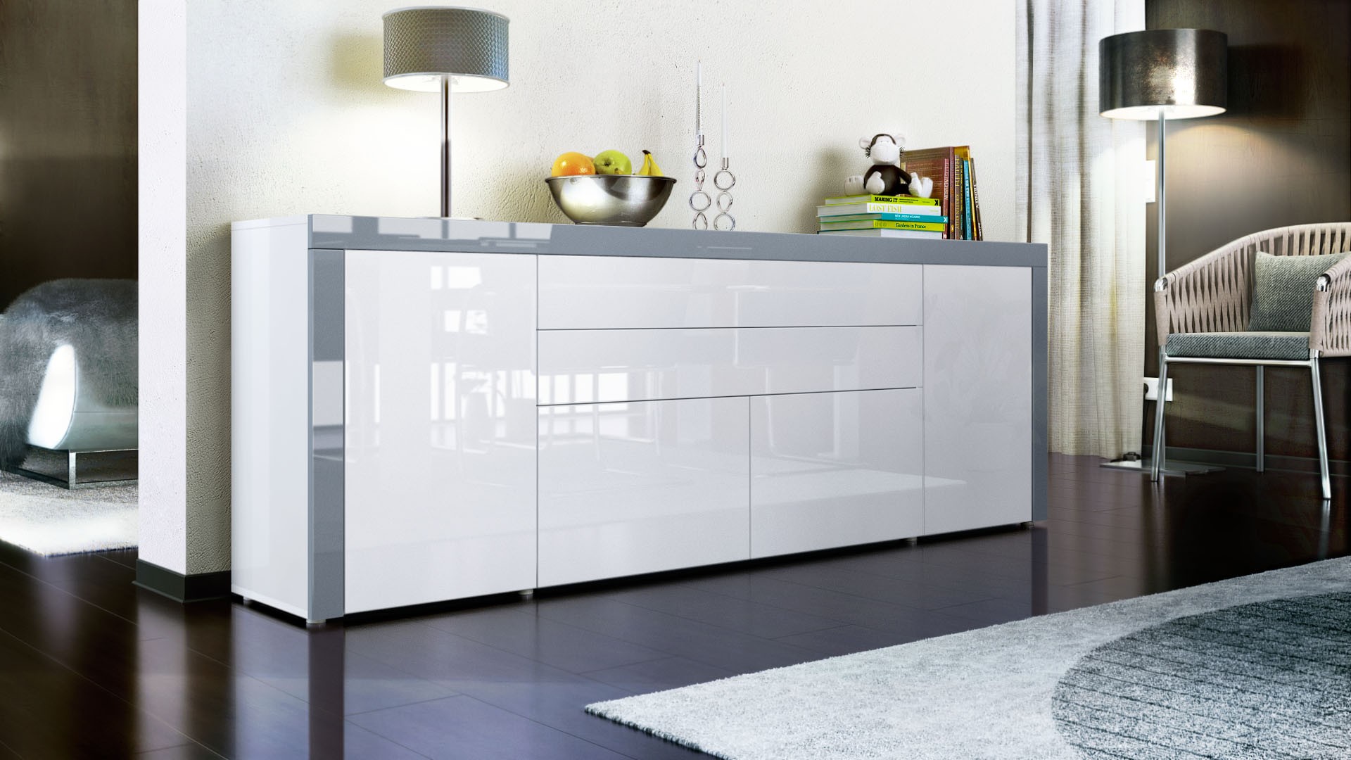 Buffet design blanc laqué 200 cm - 4 portes - 2 tiroirs