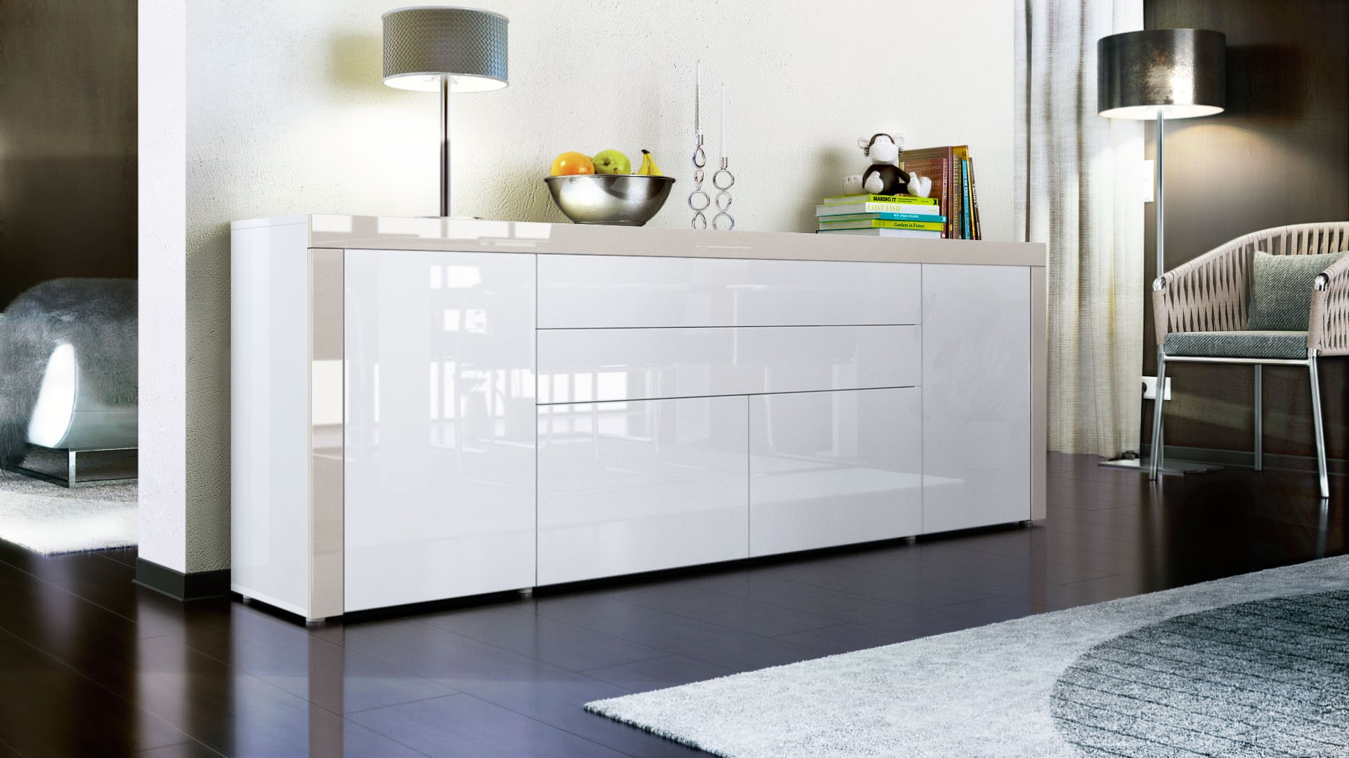 Buffet design blanc laqué 200 cm - 4 portes - 2 tiroirs