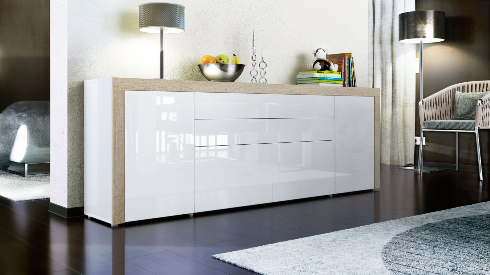 Buffet design blanc laqué 200 cm - 4 portes - 2 tiroirs
