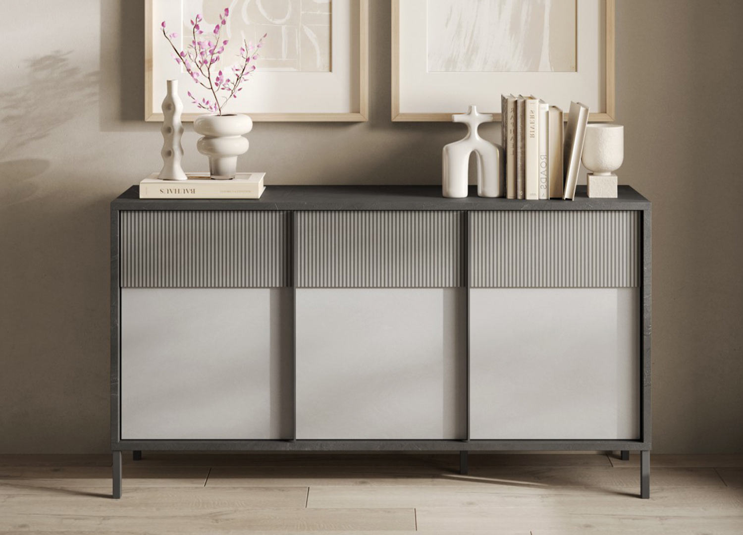 Buffet design gris 3 portes 156 cm