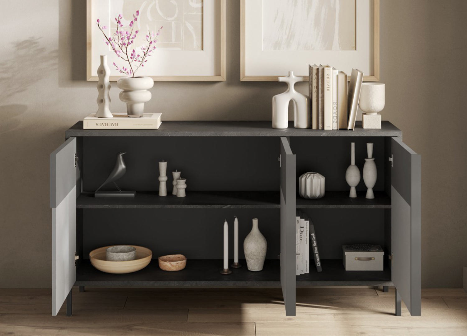 Buffet design gris 3 portes 156 cm