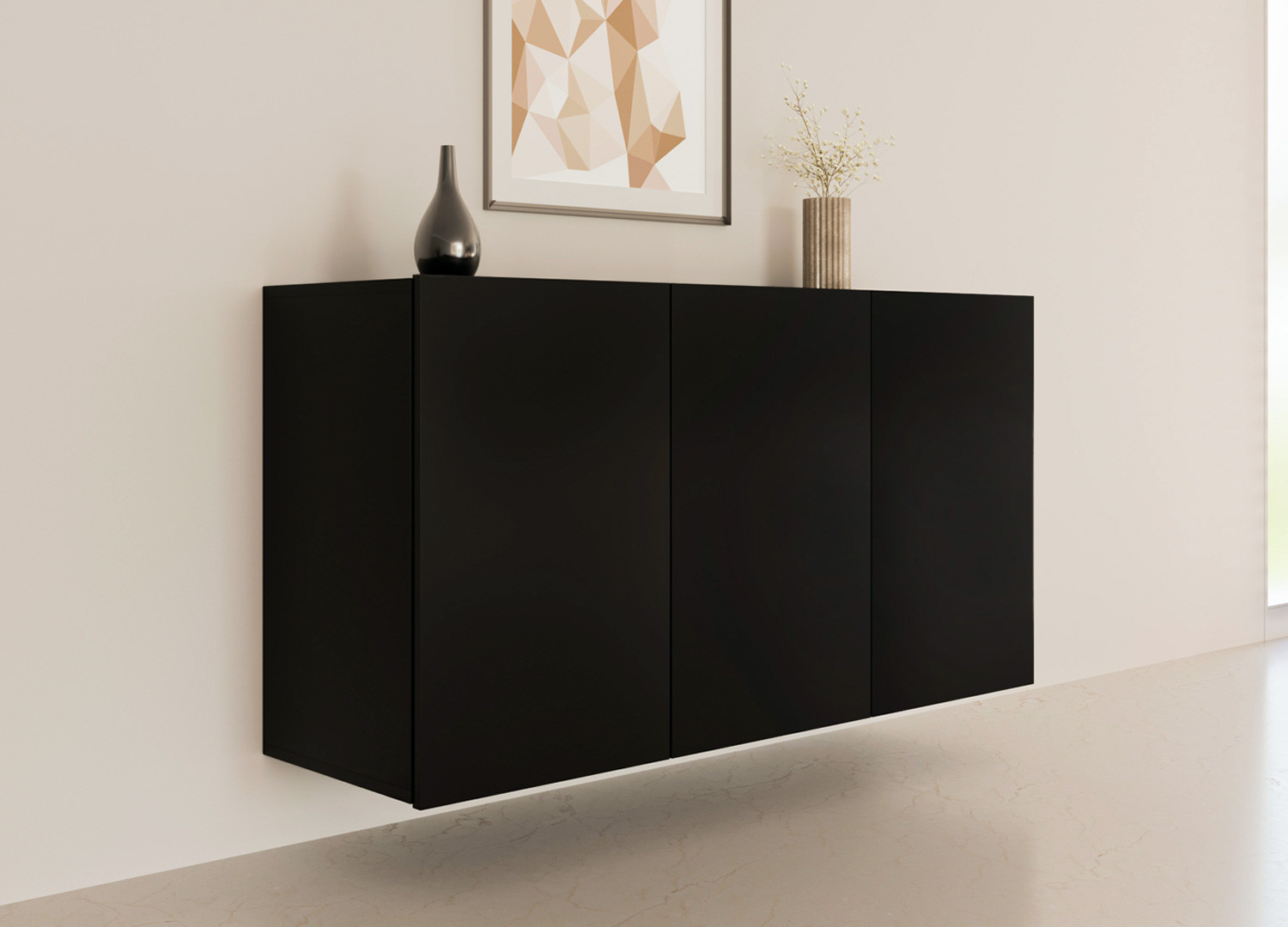 Buffet design suspendu noir 160 cm 3 portes