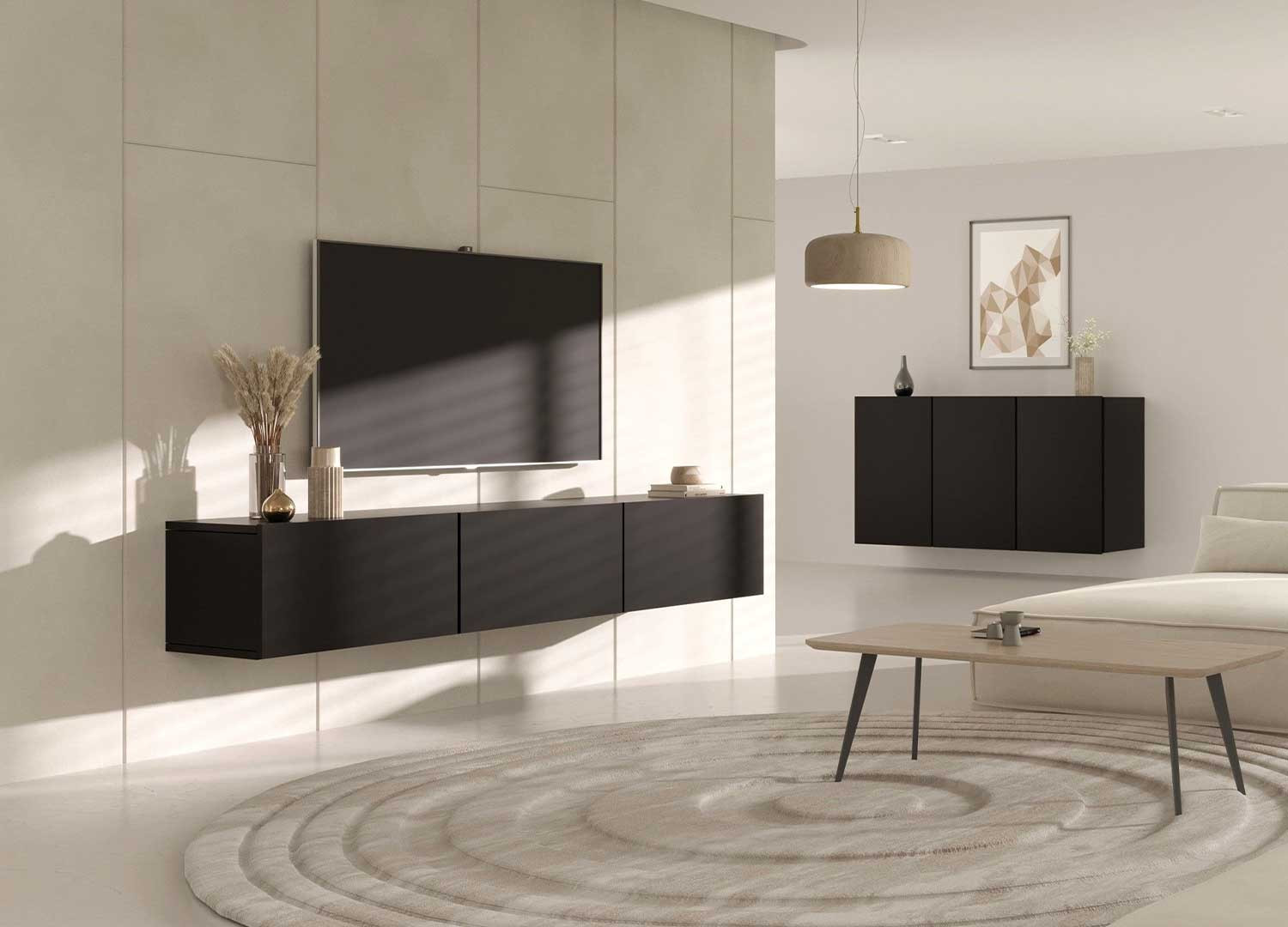 Buffet design suspendu noir 160 cm 3 portes