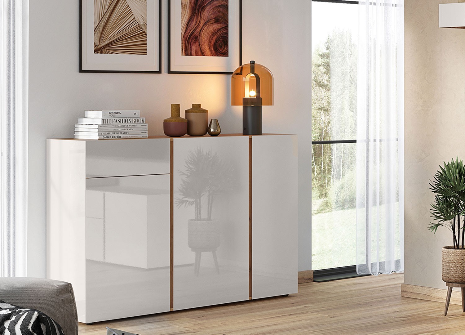 Buffet design verre cachemire 3 portes et 1 tiroir