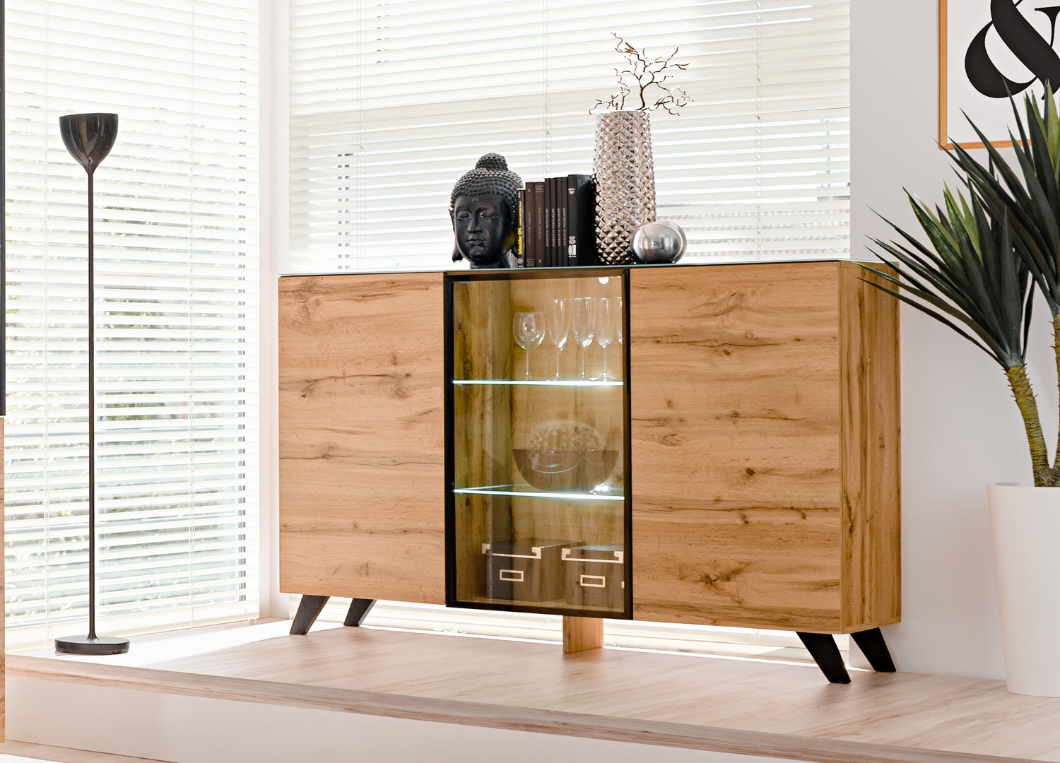 Buffet en Bois et Verre avec Éclairage Led