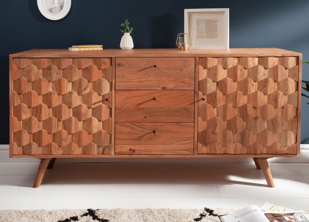 Buffet en bois massif d'acacia à motifs mosaïque 2 portes et 4 tiroirs