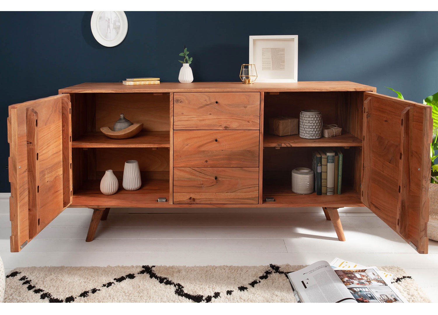 Buffet en bois massif d'acacia à motifs mosaïque 2 portes et 4 tiroirs