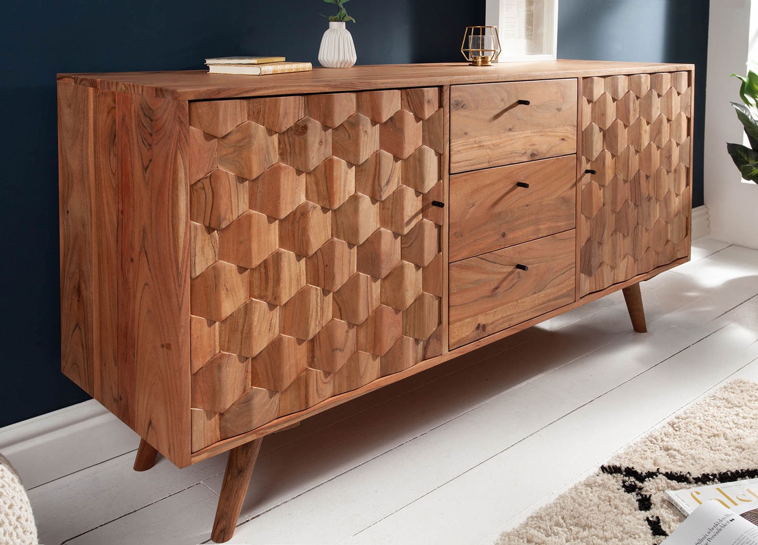Buffet en bois massif d'acacia à motifs mosaïque 2 portes et 4 tiroirs