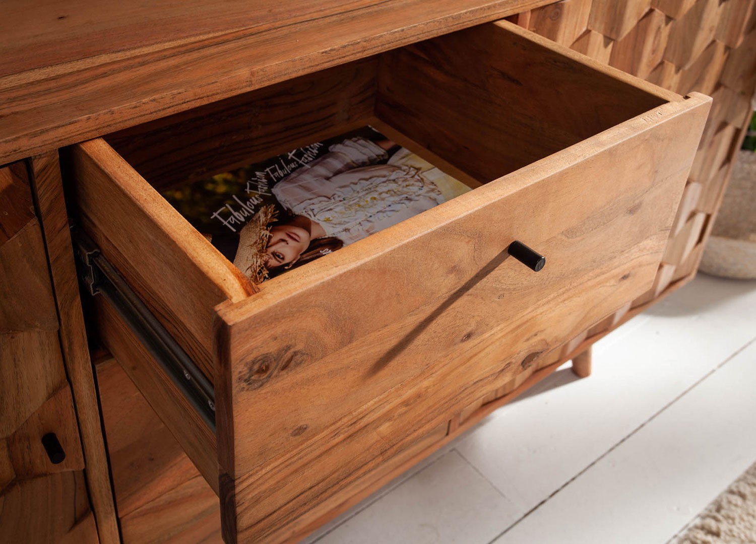Buffet en bois massif d'acacia à motifs mosaïque 2 portes et 4 tiroirs