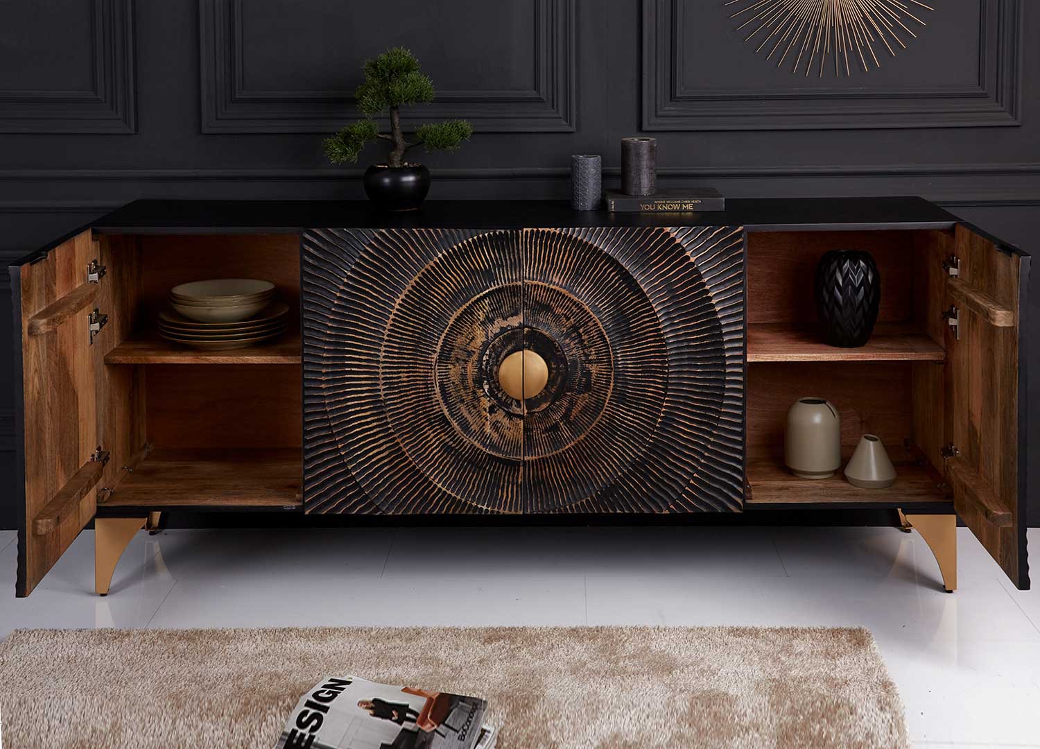 Buffet ethnique chic noir en bois de manguier