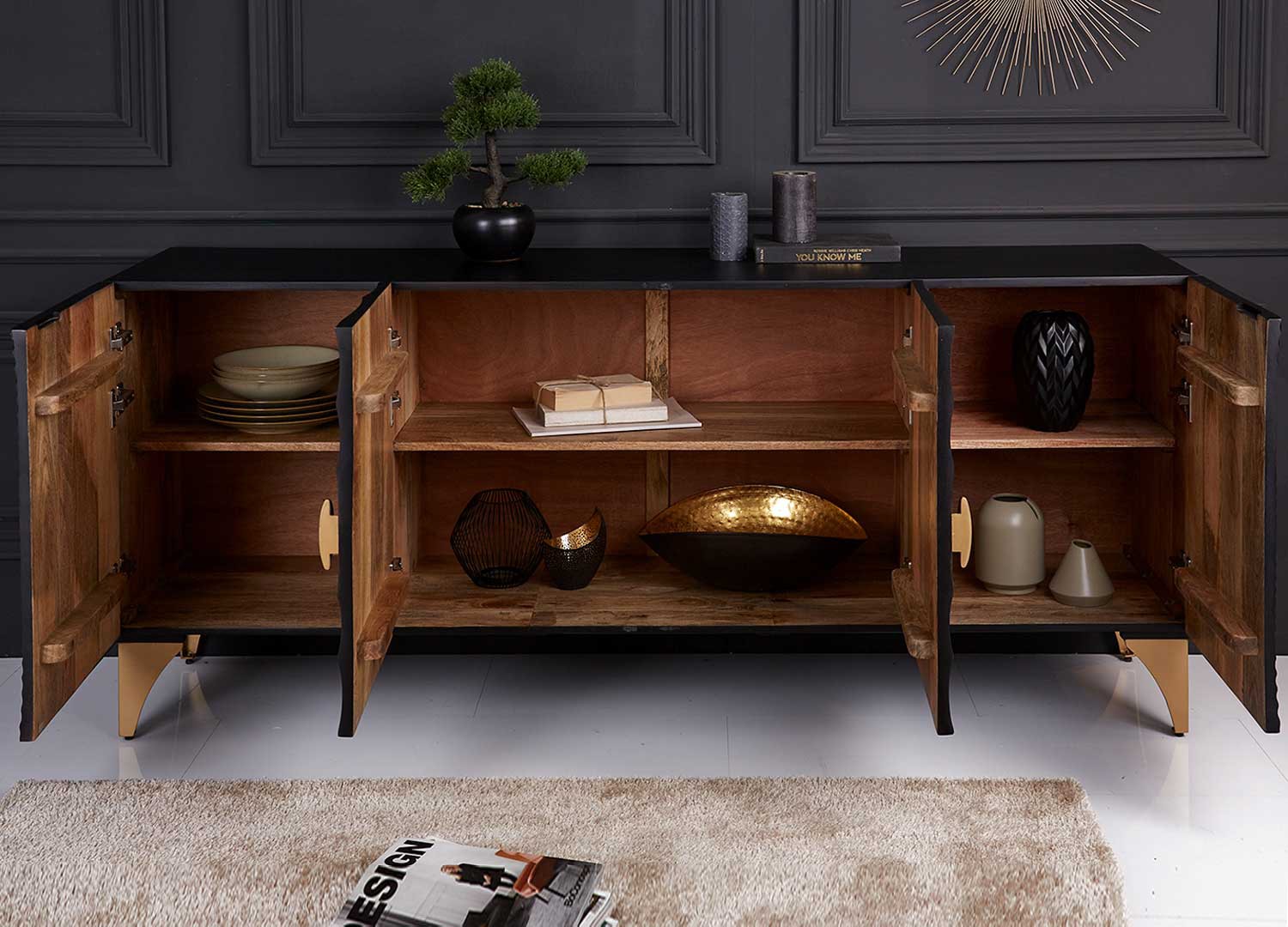 Buffet ethnique chic noir en bois de manguier