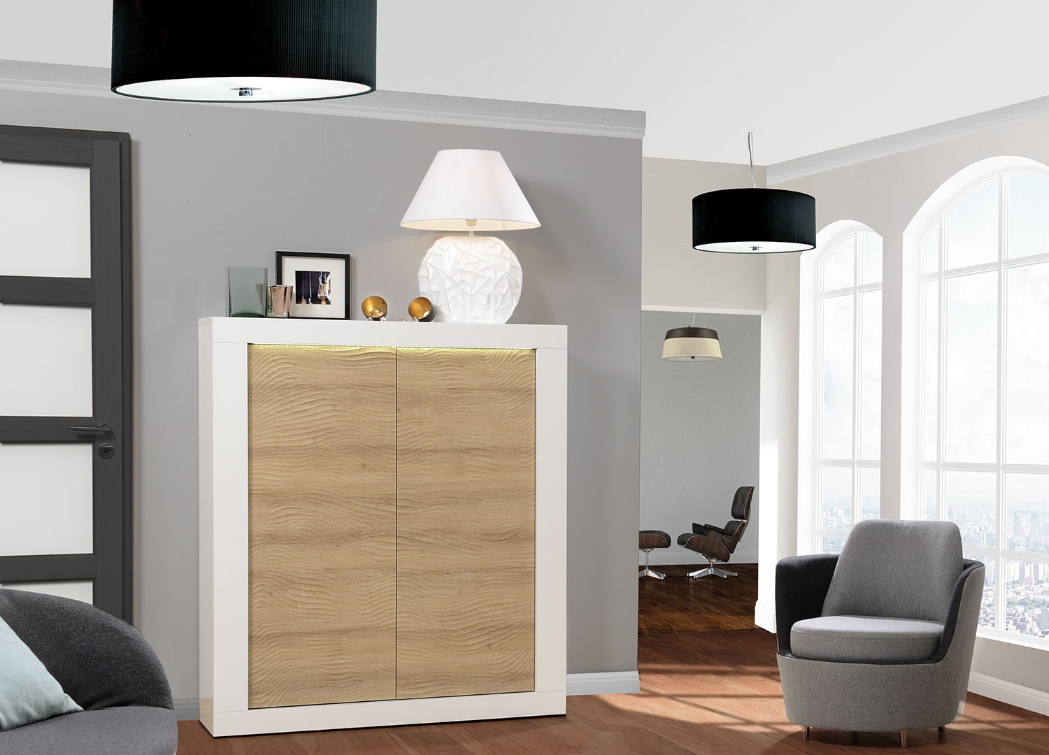 Buffet haut 2 portes blanc et bois à led