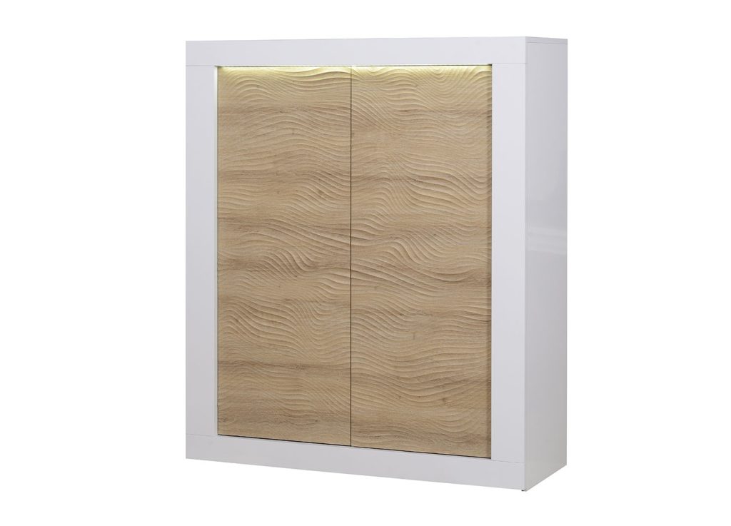 Buffet haut 2 portes blanc et bois à led
