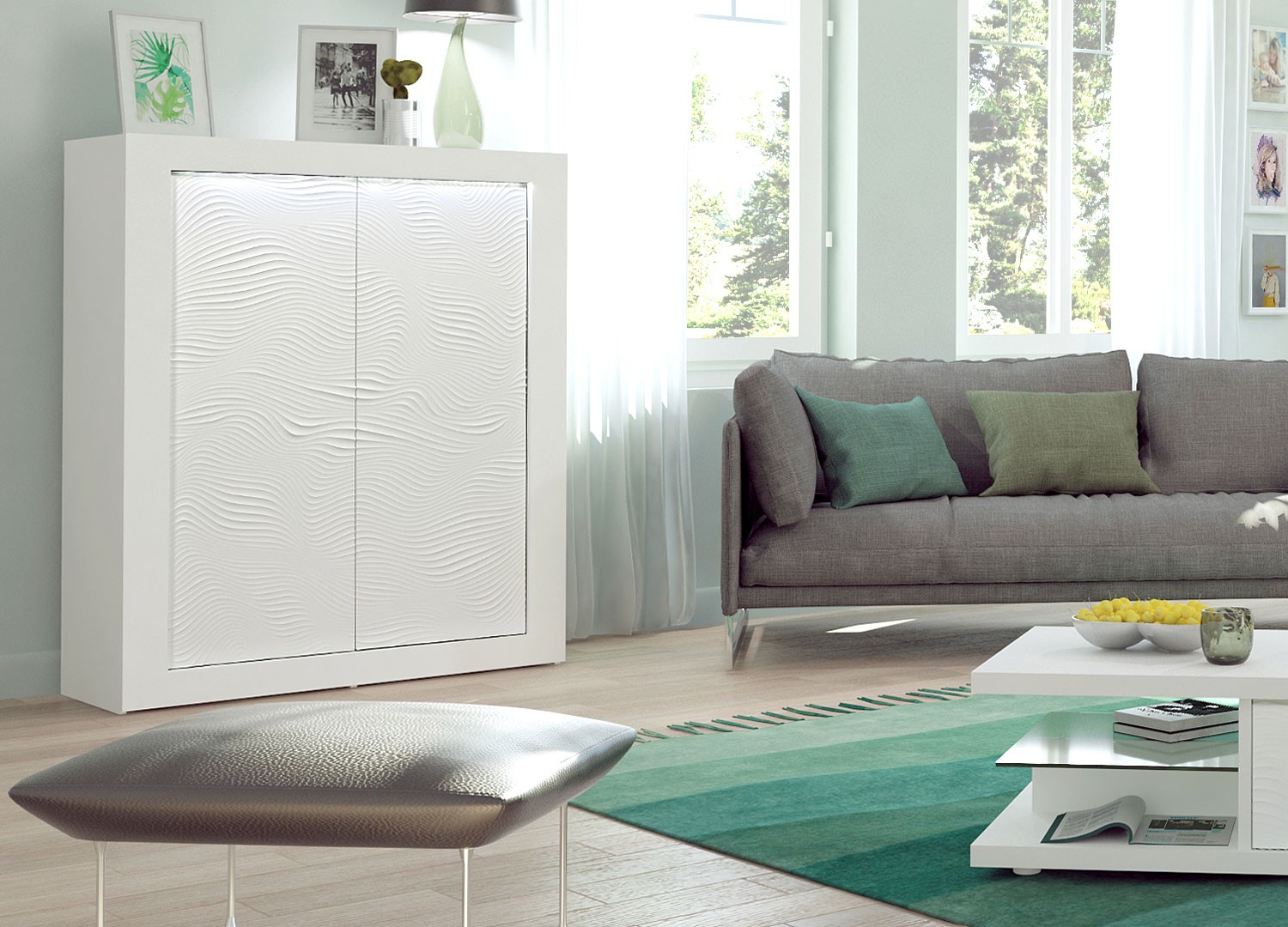 Buffet haut 2 portes blanc laqué à led
