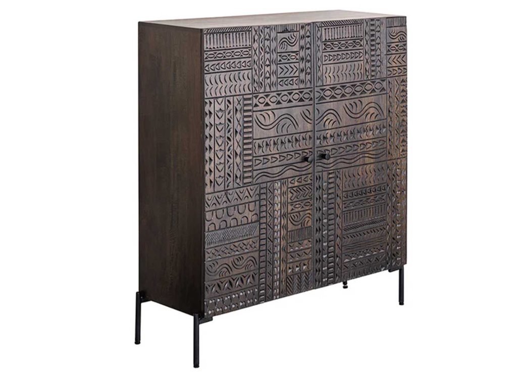 Buffet haut 2 portes en manguier marron foncé sculpté Tribal