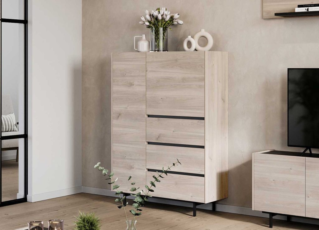 Buffet haut 2 portes et 3 tiroirs chêne et noir