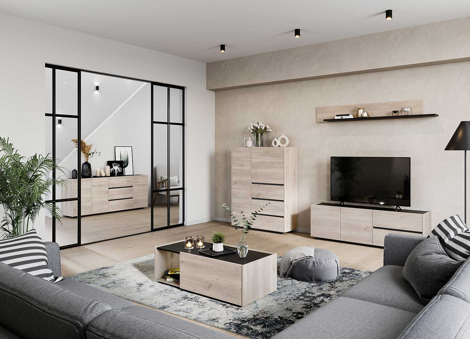 Buffet haut 2 portes et 3 tiroirs chêne et noir