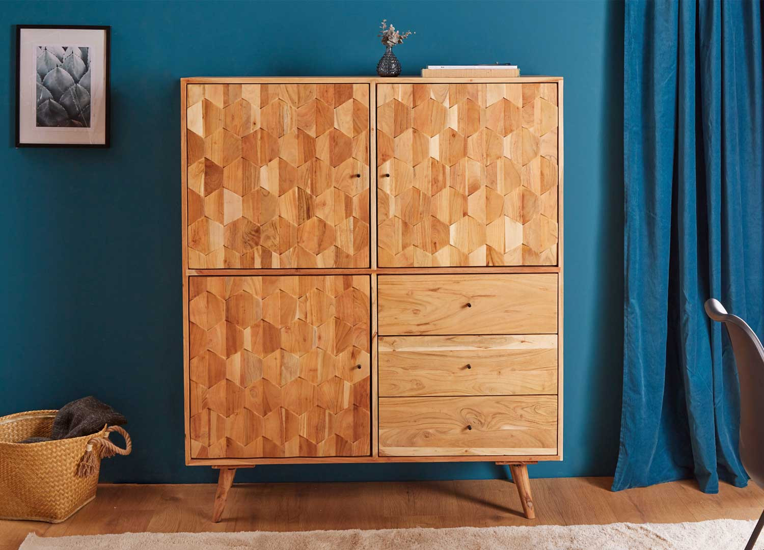 Buffet haut acacia massif 3 portes et 3 tiroirs effet mosaïque