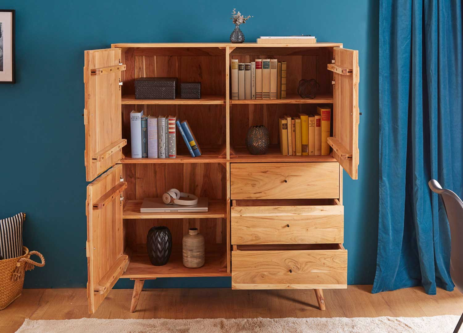 Buffet haut acacia massif 3 portes et 3 tiroirs effet mosaïque