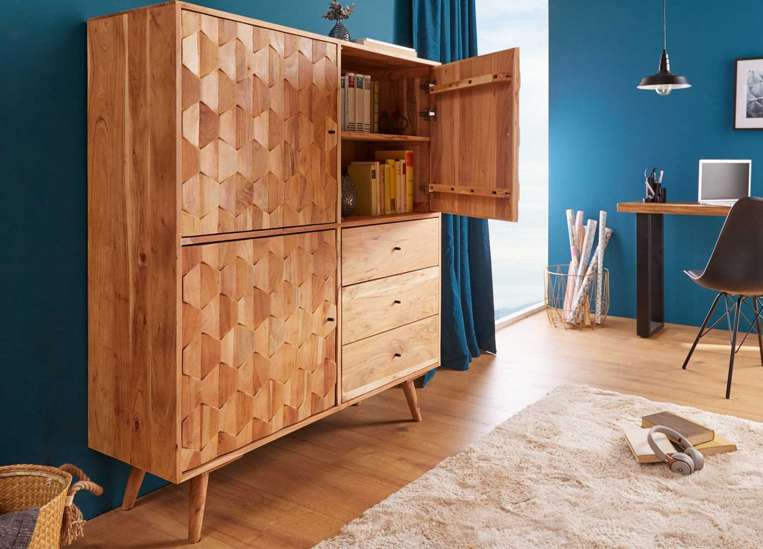 Buffet haut acacia massif 3 portes et 3 tiroirs effet mosaïque
