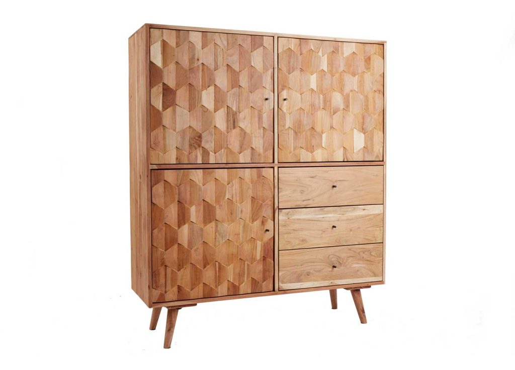 Buffet haut acacia massif 3 portes et 3 tiroirs effet mosaïque